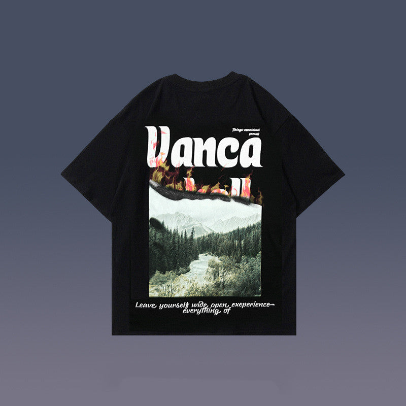 Short-sleeved Hong Kong Style Letter Landscape Print Loose