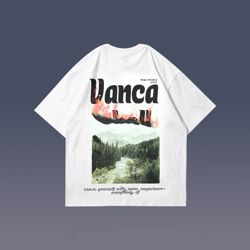Short-sleeved Hong Kong Style Letter Landscape Print Loose