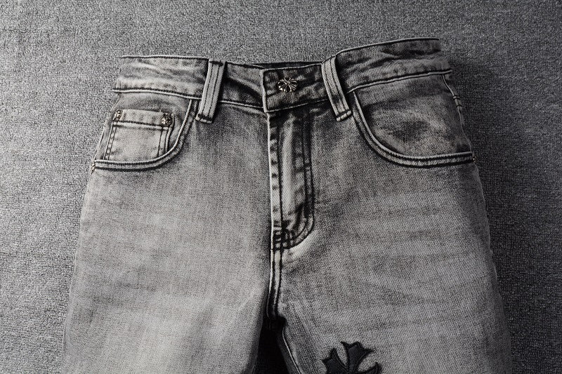 Trendy Cross Embroidered Gray Pencil Pants Men's Casual Jeans