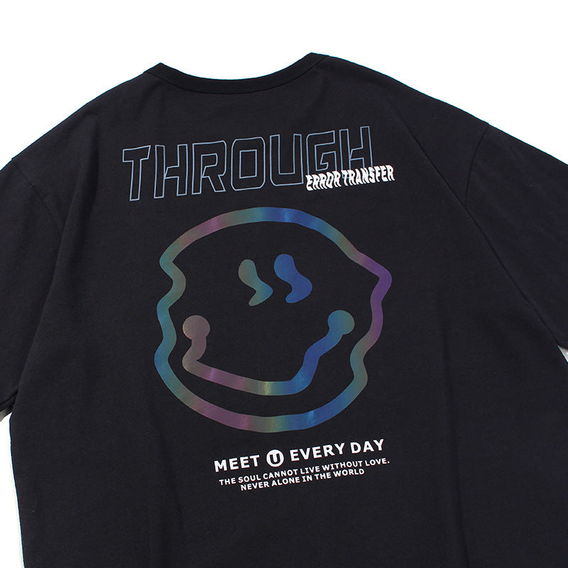 Round Neck Couple Tide Brand Reflective Smiley T-shirt