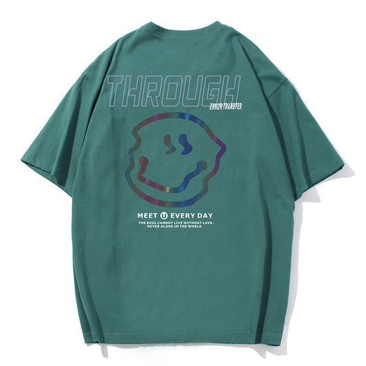 Round Neck Couple Tide Brand Reflective Smiley T-shirt