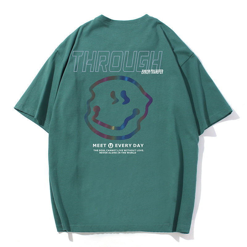 Round Neck Couple Tide Brand Reflective Smiley T-shirt