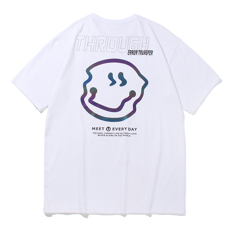 Round Neck Couple Tide Brand Reflective Smiley T-shirt