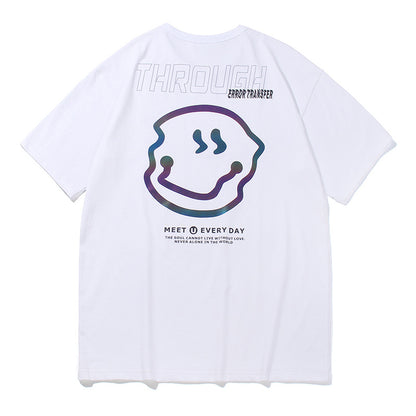 Round Neck Couple Tide Brand Reflective Smiley T-shirt