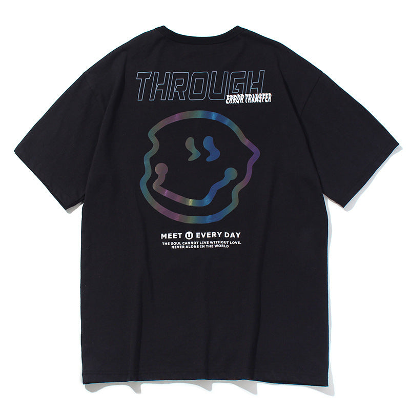 Round Neck Couple Tide Brand Reflective Smiley T-shirt