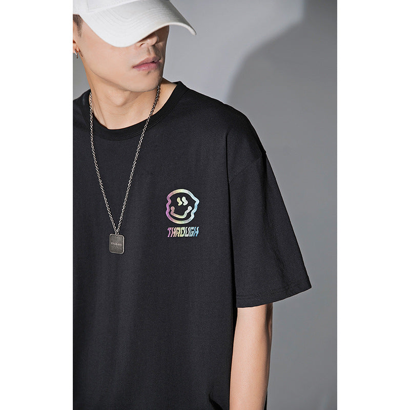 Round Neck Couple Tide Brand Reflective Smiley T-shirt