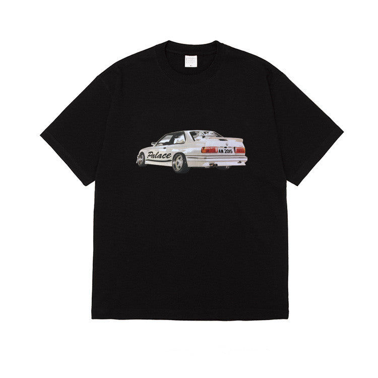 Car Print Short-Sleeved T-Shirt Men'S Hip-Hop Street Fashion Brand Loose Large Size Half Sleeve