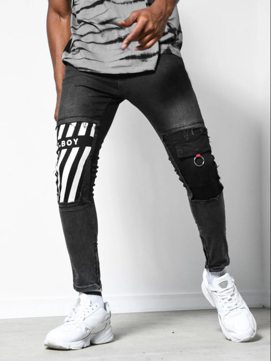 Wish European And American Men's Pants Ripped Matte White Slim-fit Denim Fashion Printed Skinny Pants Men