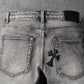 Trendy Cross Embroidered Gray Pencil Pants Men's Casual Jeans