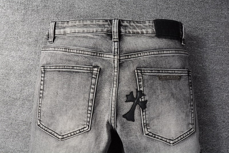 Trendy Cross Embroidered Gray Pencil Pants Men's Casual Jeans