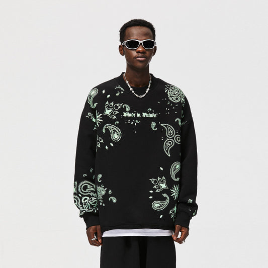 Luminous Cashew Flower Print Polar Fleece Hoodie