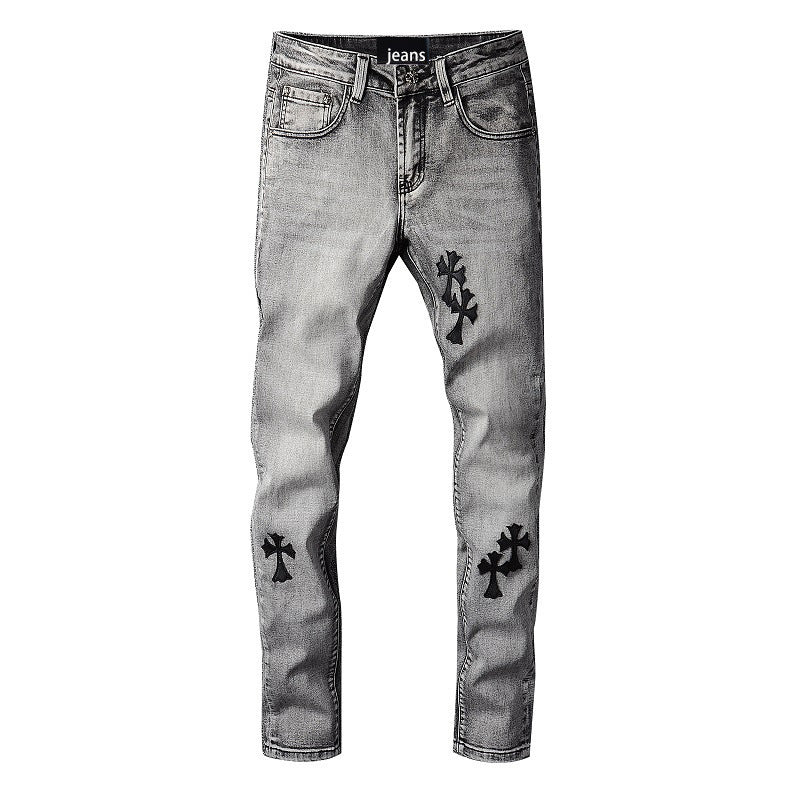Trendy Cross Embroidered Gray Pencil Pants Men's Casual Jeans