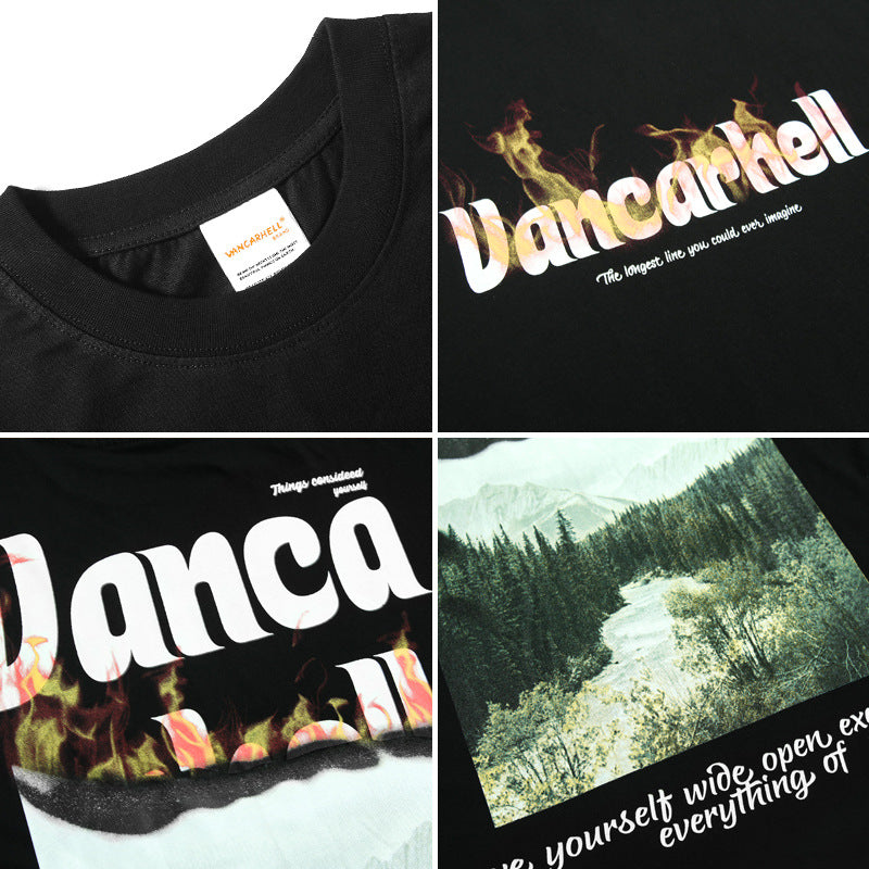 Short-sleeved Hong Kong Style Letter Landscape Print Loose