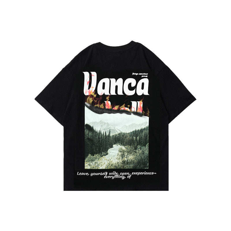 Short-sleeved Hong Kong Style Letter Landscape Print Loose