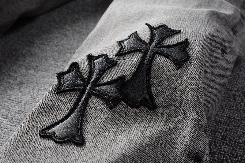 Trendy Cross Embroidered Gray Pencil Pants Men's Casual Jeans