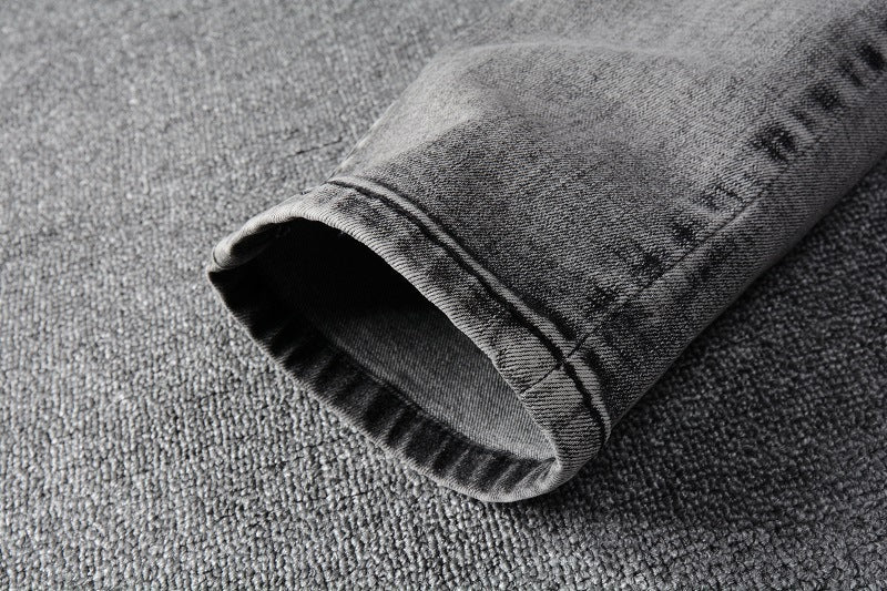 Trendy Cross Embroidered Gray Pencil Pants Men's Casual Jeans