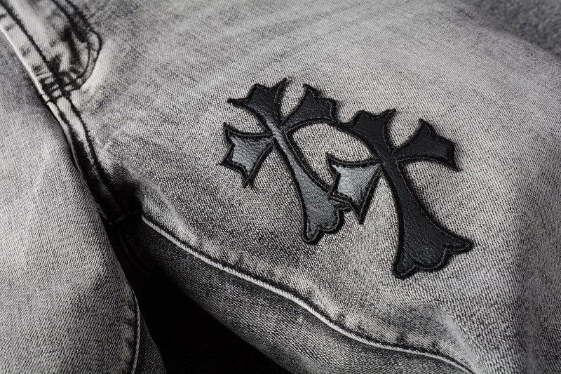 Trendy Cross Embroidered Gray Pencil Pants Men's Casual Jeans